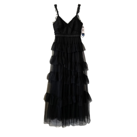 NWT Betsy & Adam Tulle Ruffled Tiered Gown in Black Sz. 8 - Picture 6 of 9